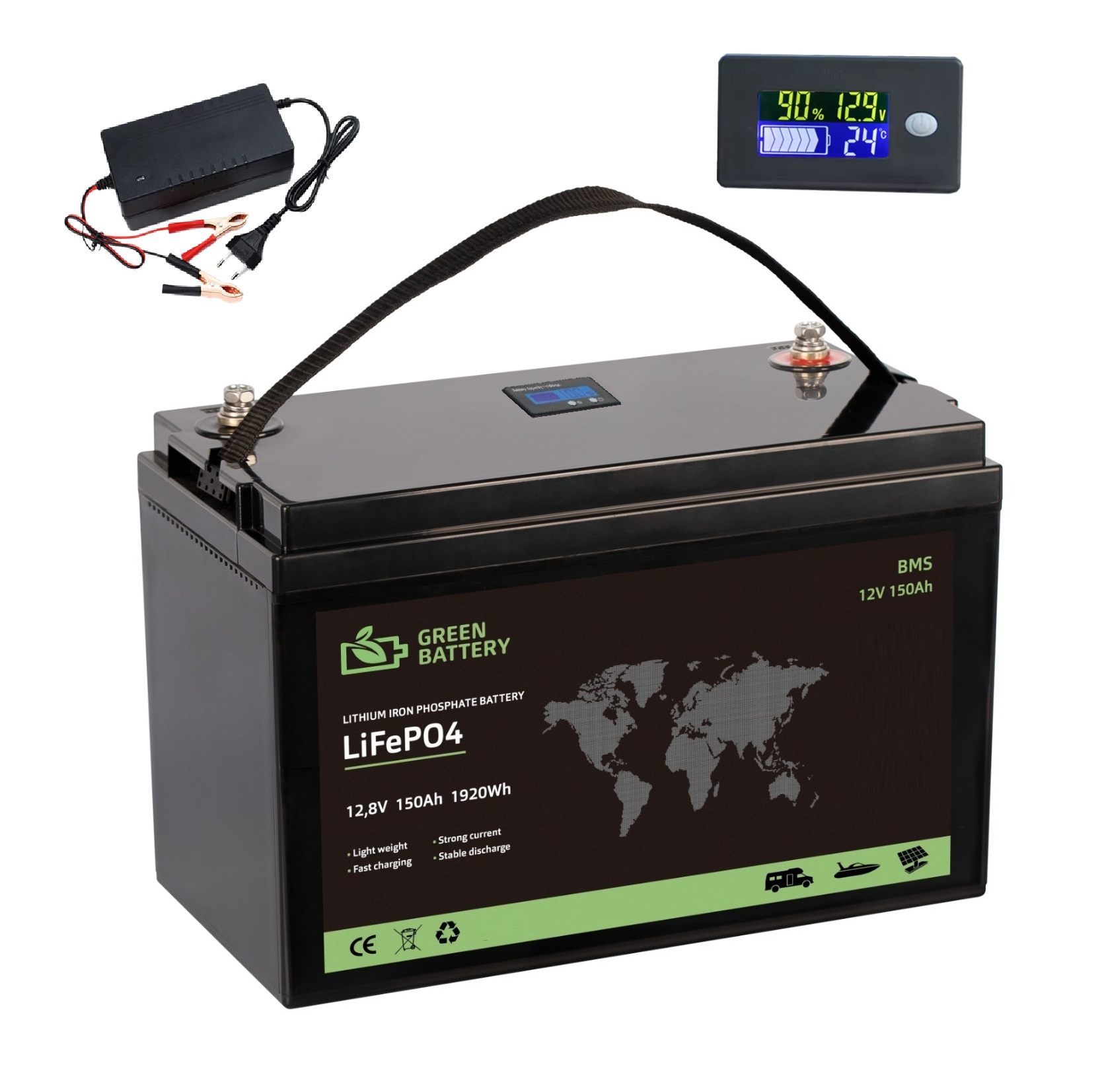Baterie LiFePO4 12,8V 150Ah, 1920Wh, Lithium-železo-fosfátová baterie, BMS, včetně nabíječky 10A