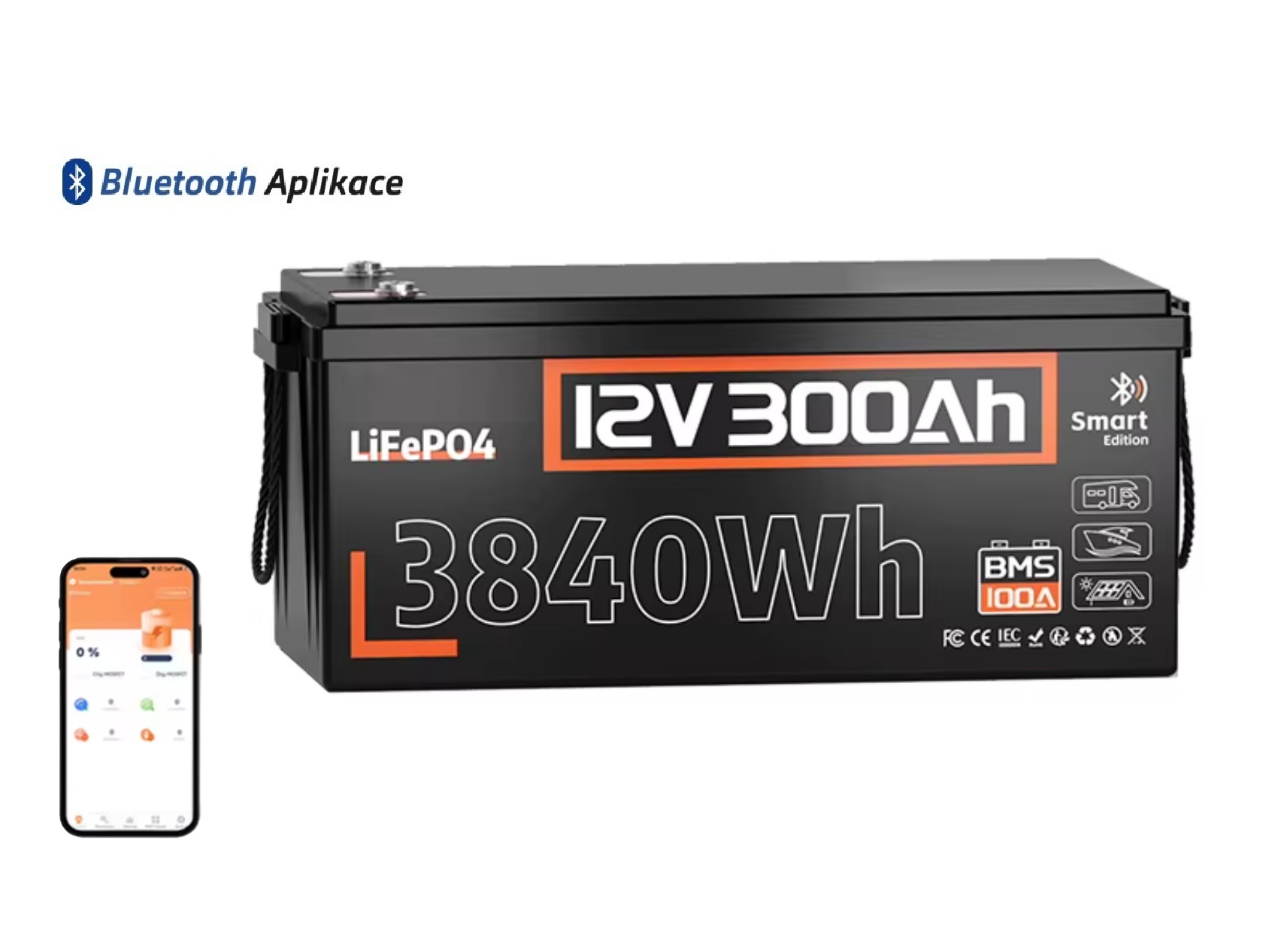 Baterie LiFePO4 12,8V 300Ah, 3840Wh,  bluetooth smart BMS, Lithium-železo-fosfátová baterie, stálý vybíjecí proud 100A