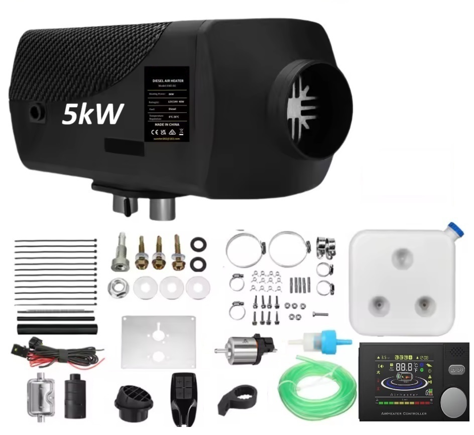 XL-AIRD Nezávislé topení 5kW včetně instalační sady, černý LCD ovladač nová verze, černý dálkový ovladač, 12V nebo 24V automatická volba, tiché čerpadlo, Bluetooth aplikace