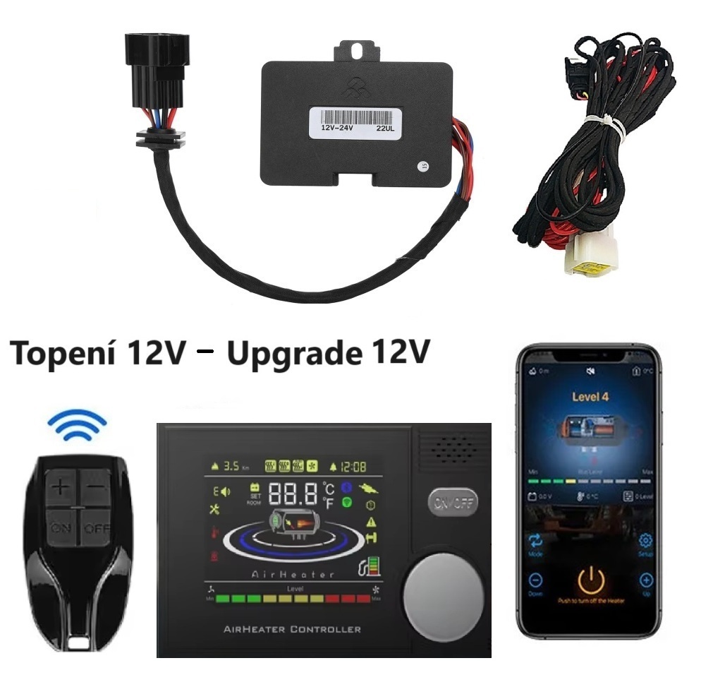Instalační sada pro přechod na nový Bluetooh ovladač, pro topení 12V (5-8kW), řídící jednotka 12V, ovládací displej, dálkový ovladač, kabelový svazek, jedno tlačítko
