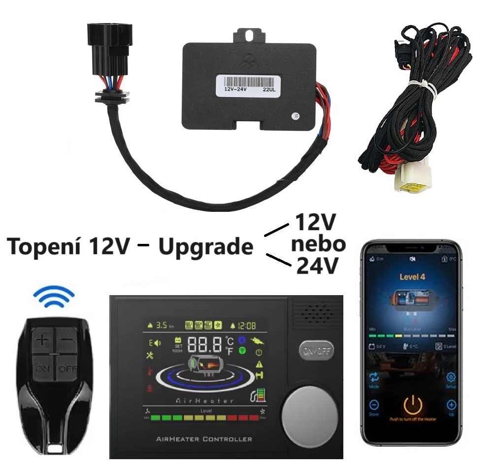 Instalační sada pro přechod na nový Bluetooh ovladač, pro topení 12V (5-8kW), řídící jednotka 12 a 24V, ovládací displej, dálkový ovladač, kabelový svazek, jedno tlačítko