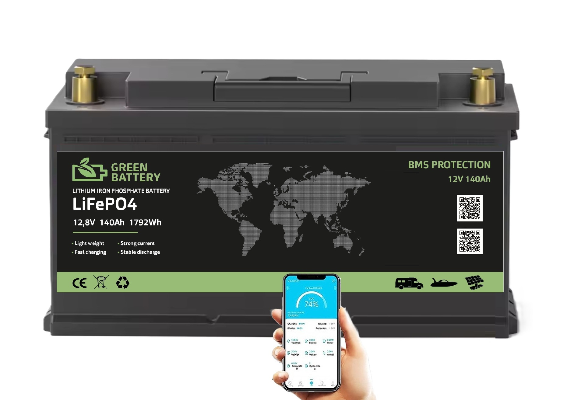 Baterie LiFePO4 12,8V 140Ah, 1792Wh, Lithium-železo-fosfátová baterie, smart Bluetooth BMS