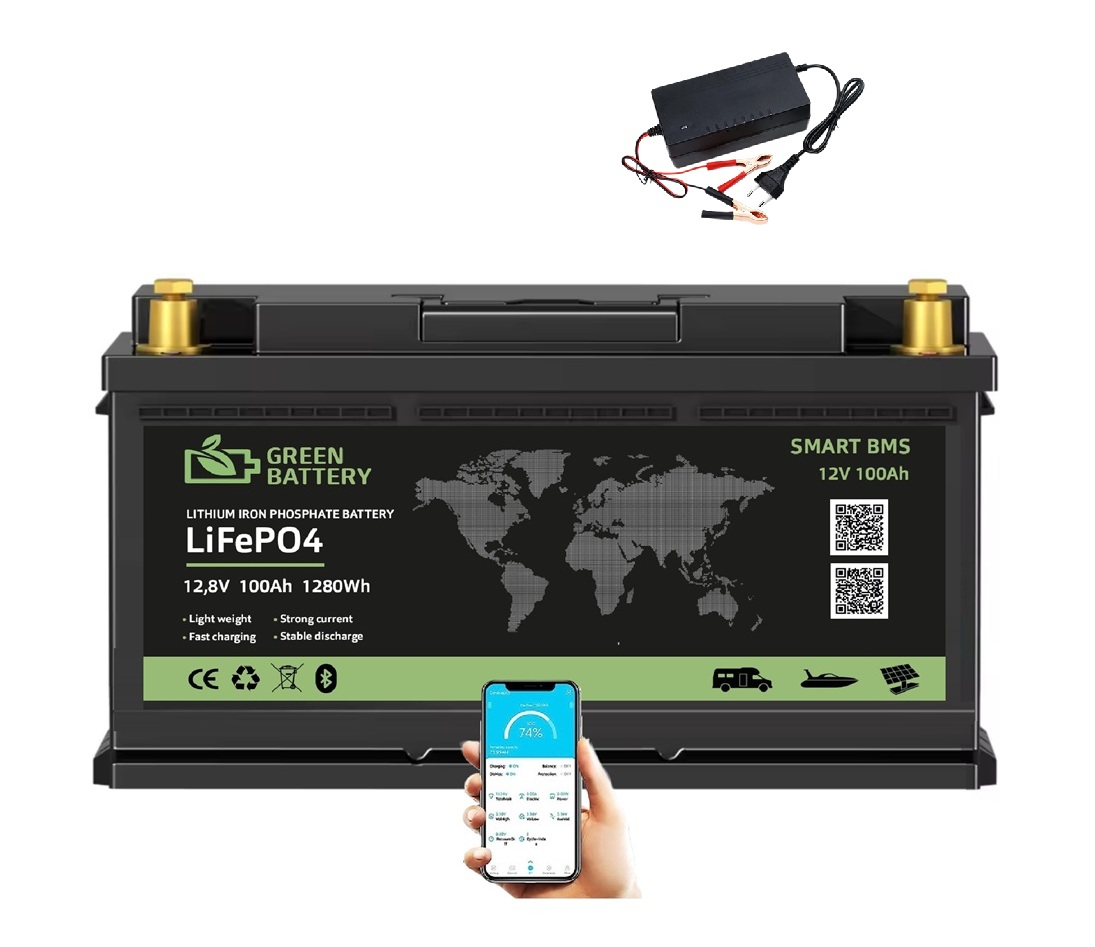 Baterie LiFePO4 12,8V 100Ah, 1280Wh, včetně nabíječky 7A, bluetooth smart BMS, Lithium-železo-fosfátová baterie