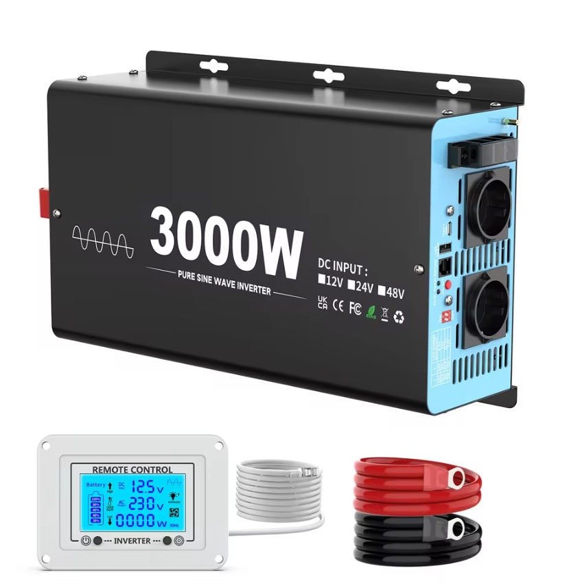 Měnič napětí z 12/230V 3000W, porty USB, PD 30W, vzdálený kontrolní panel, čistý sinus