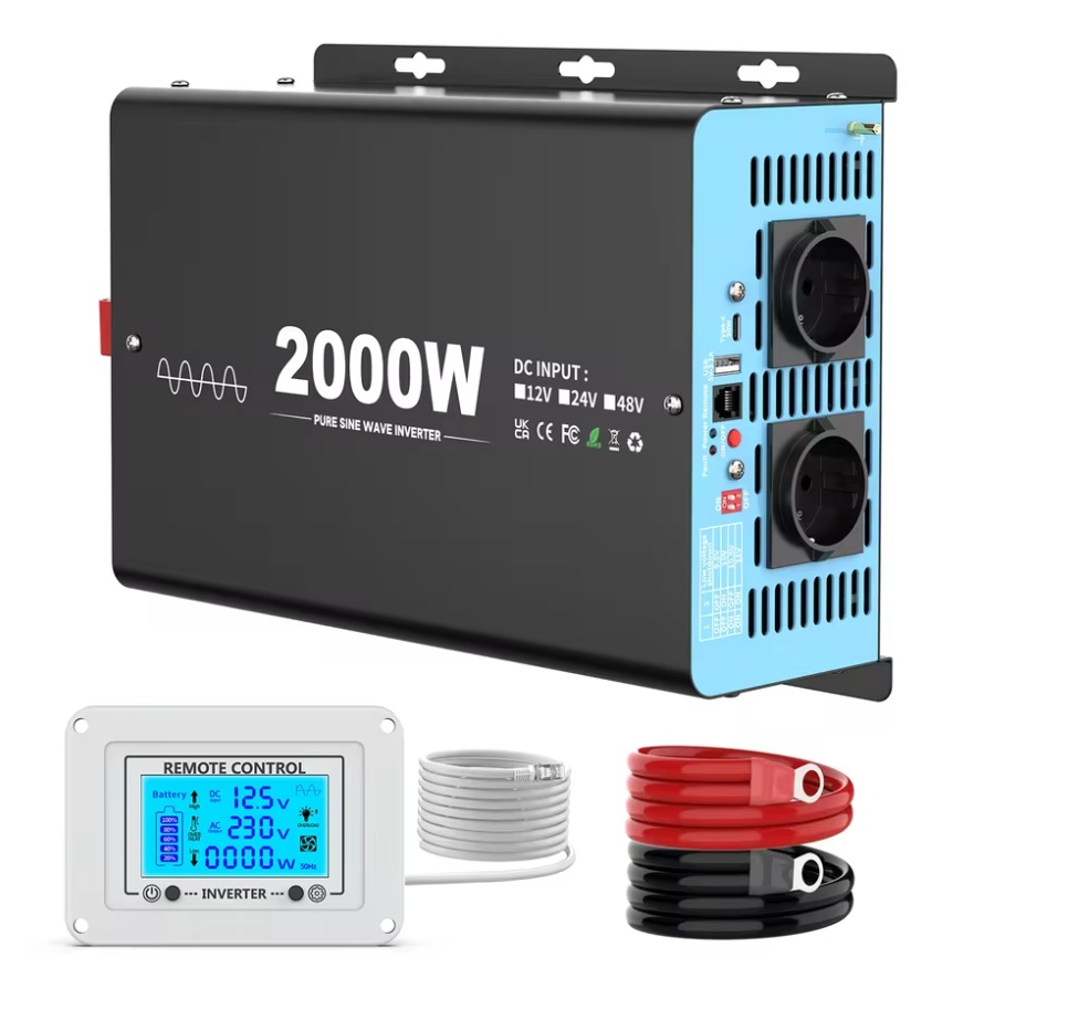 Měnič napětí z 12/230V 2000W, porty USB, PD 30W, vzdálený kontrolní panel, čistý sinus