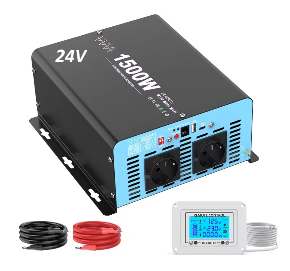Měnič napětí z 24/230V 1500W, porty USB, PD 30W, vzdálený kontrolní panel, čistý sinus