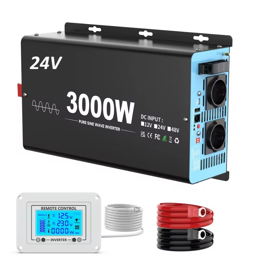 Měnič napětí z 24/230V 3000W, porty USB, PD 30W, vzdálený kontrolní panel, čistý sinus