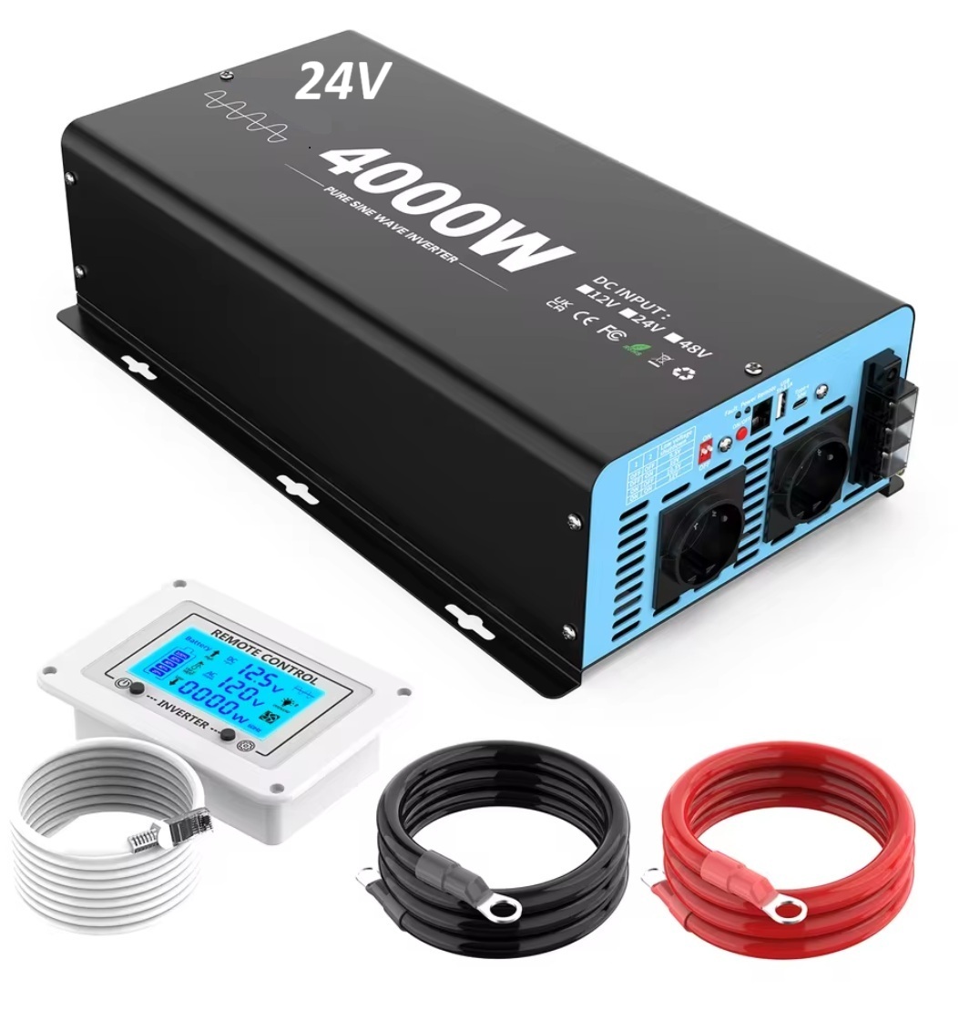 Měnič napětí z 24/230V 4000W, porty USB, PD 30W, vzdálený kontrolní panel, čistý sinus