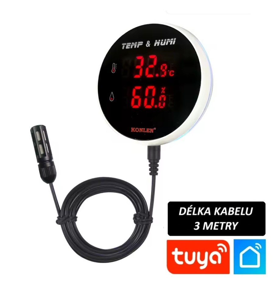 Wifi smart teplotní senzor s měřením vlhkosti s digitálním displejem a vzdáleným kabelovým senzorem 3m, rozsah měření -40°C - 120°C, Tuya/Smart Life