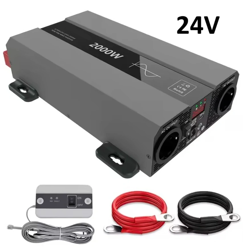 Měnič napětí z 24/230V 2000W, porty USB, PD 30W, vzdálený vypínač, čistý sinus, stříbrný