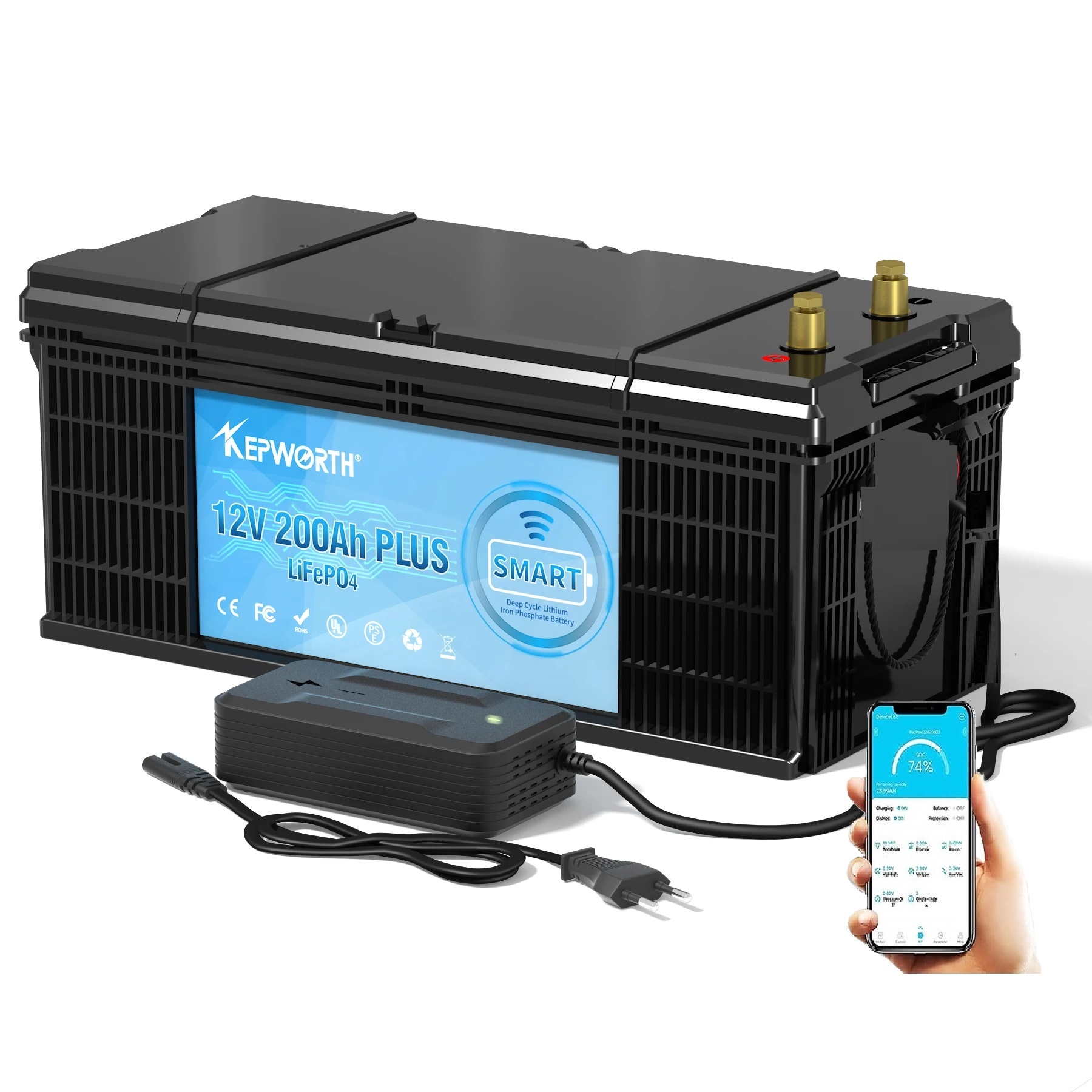 Baterie LiFePO4 12,8V 200Ah, 2560Wh, bluetooth smart BMS, včetně nabíječky 7A, Lithium-železo-fosfátová baterie