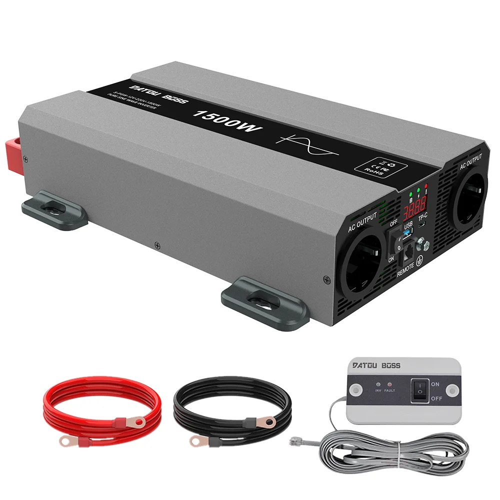 Měnič napětí z 12/230V 1500W, porty USB, PD 30W, vzdálený vypínač, čistý sinus, stříbrný