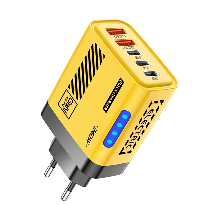 Univerzální GaN rychlonabíječka 240W žlutá – 5 portů (3x USB-C, 2x USB-A) pro notebooky, tablety a telefony