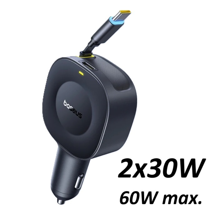 Autonabíječka 2x30W se zatahovacím USB-C kabelem pro rychlé nabíjení telefonů