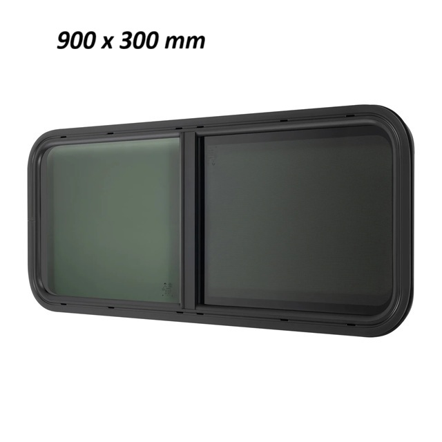 RV Camper Boční okno černé posuvné, moskytiéra a vnitřní rámeček, vnější barva černá, rozměr 900x300mm