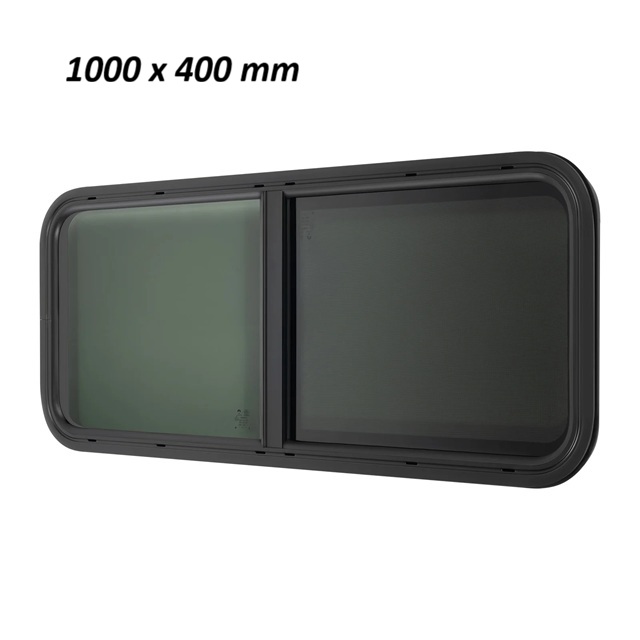 RV Camper Boční okno černé posuvné, moskytiéra a vnitřní rámeček, vnější barva černá, rozměr 1000x400mm