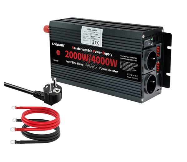 Měnič napětí z 12/230V 2000W, integrovaný displej s měřením napětí 12V a 230V, záložní zdroj UPS s čistou sinusoidou