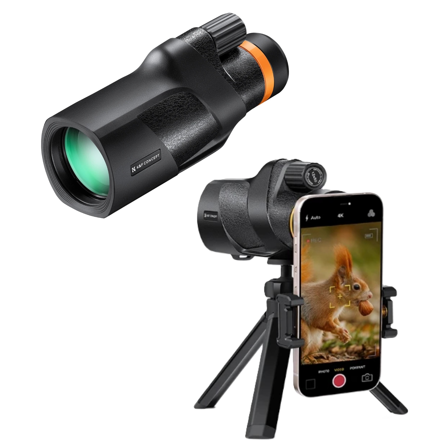 HD monokulární dalekohled 12x50 se stativem a držákem na mobil