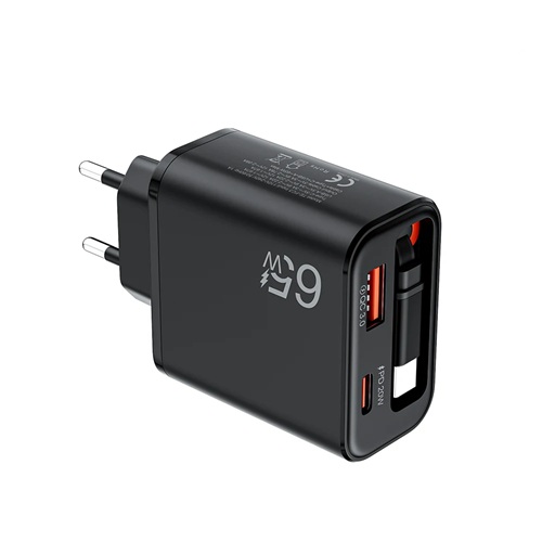 Rychlonabíječka 3-v-1 se zatahovacím kabelem 65W USB-C a USB-A černá
