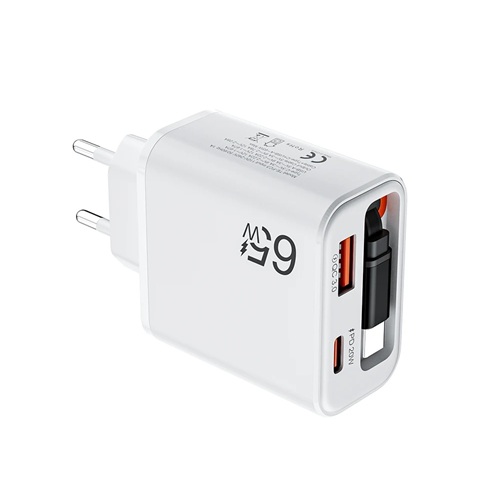 Rychlonabíječka 3-v-1 se zatahovacím kabelem 65W USB-C a USB-A bílá