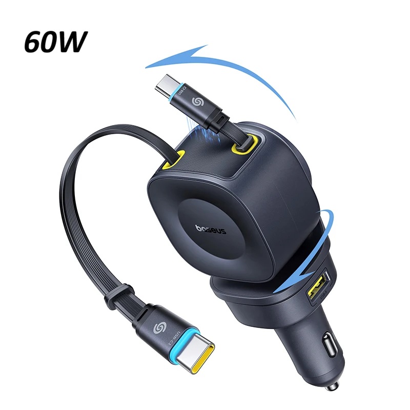 Autonabíječka 60W s 2x zatahovacím USB-C kabelem pro rychlé nabíjení telefonů