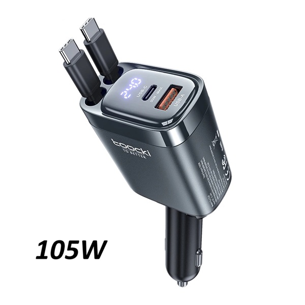Autonabíječka 2x30W se zatahovacím USB-C kabelem pro rychlé nabíjení telefonů