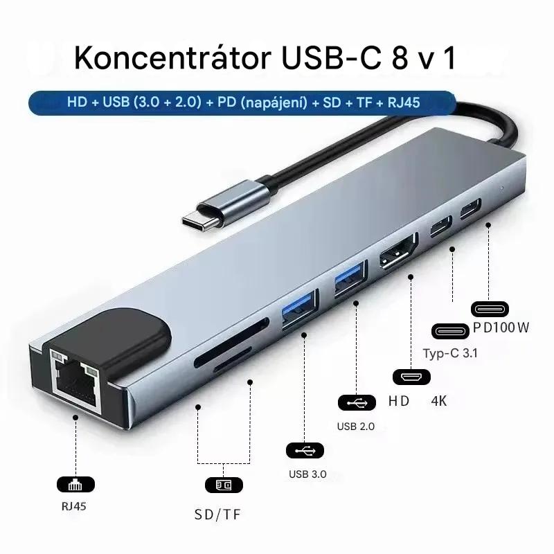 Multifunkční dokovací stanice USB-C Hub 8-v-1 s RJ45 a 4K HDMI