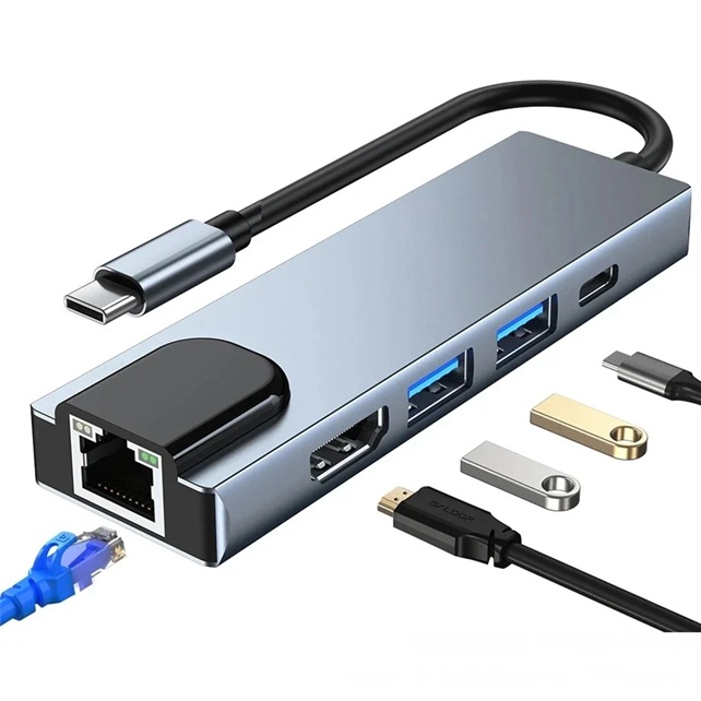 Kompaktní USB-C Hub 5-v-1 s RJ45 Ethernetem a 4K HDMI
