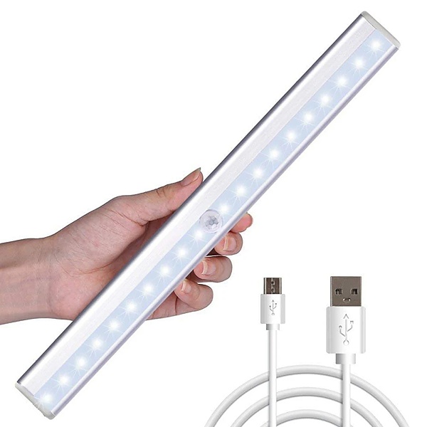 LED osvětlení se senzorem pohybu a nabíjením přes USB-micro, 1 kus – nerezová ocel 20 LED 30 cm