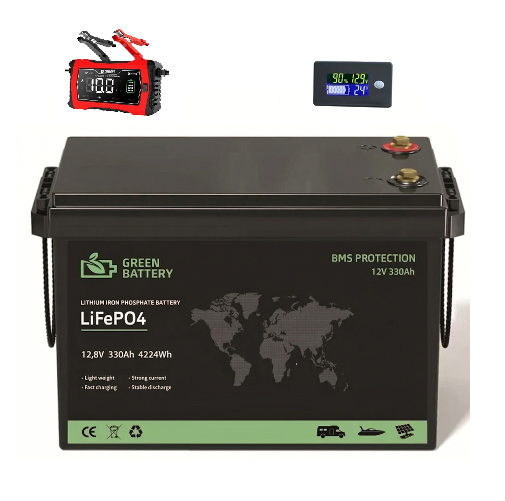Baterie LiFePO4 12,8V 330Ah, 4224Wh, BMS, Nabíječka 10A, integrovaný displej, Lithium-železo-fosfátová baterie, BMS 100A