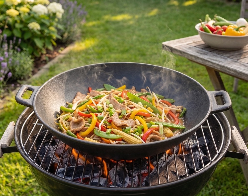 Masivní litinová grilovací pánev WOK o průměru 31 cm