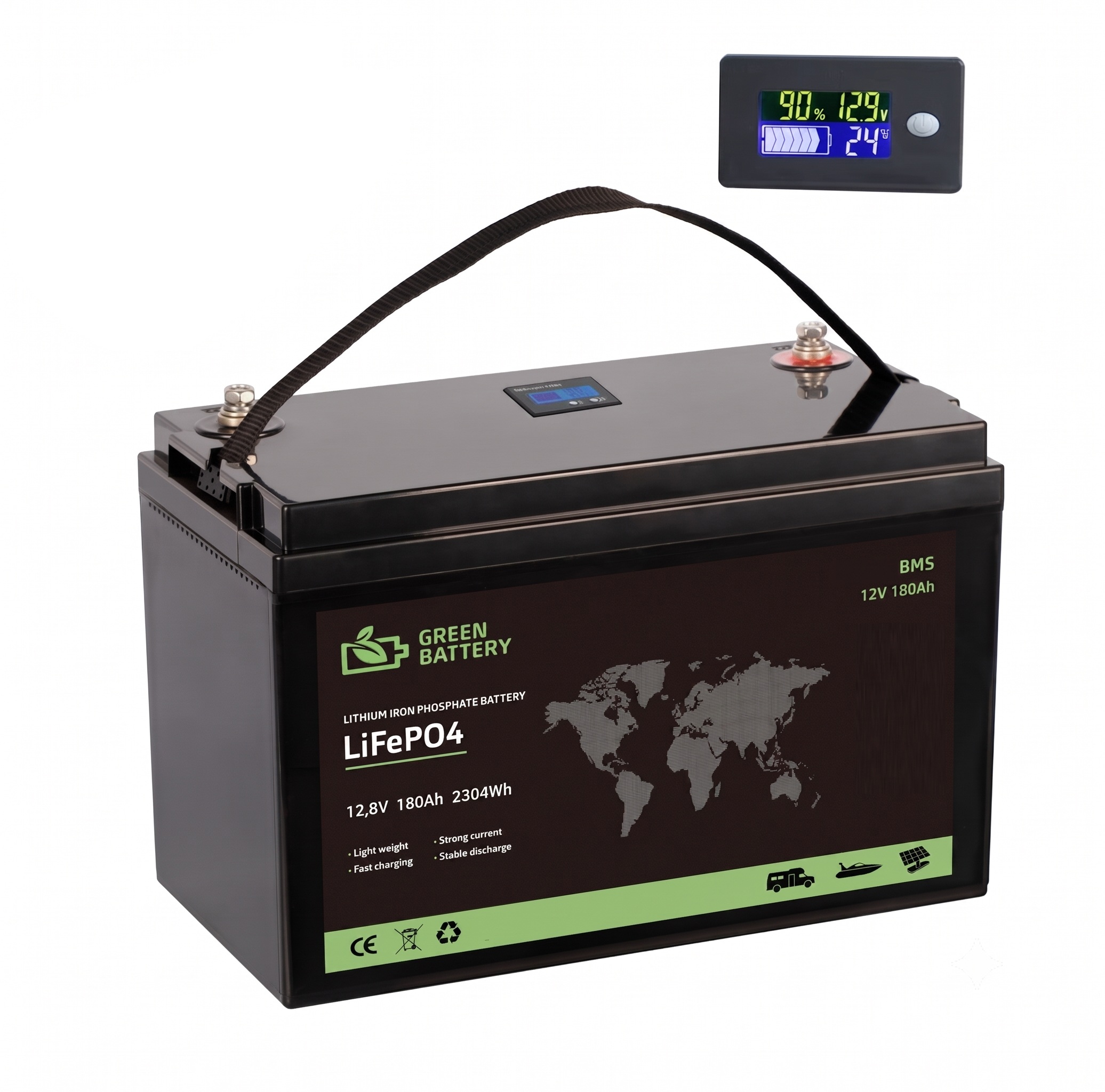 Baterie LiFePO4 12,8V 180Ah, 2300Wh, BMS, Lithium-železo-fosfátová baterie s displejem