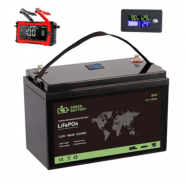Baterie LiFePO4 12,8V 180Ah, 2300Wh, BMS, Lithium-železo-fosfátová baterie s displejem s nabíječkou 10A