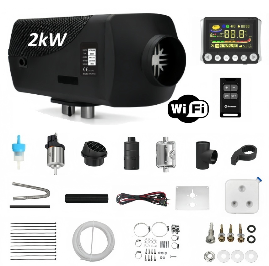 XL-AIRD Nezávislé topení 2kW včetně instalační sady, černý LCD ovladač nová verze, černý dálkový ovladač, 12V nebo 24V automatická volba, tiché čerpadlo, Bluetooth aplikace, wifi vzdálené ovládání
