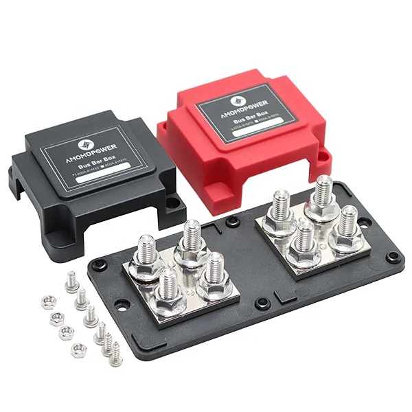 Propojovací terminál 4x M8 černá a 4x M8 červená silová sběrnice (Bus Bar) 300 A / 48 V – rozvodný blok z pocínované mědi 8x závit M8 černý i červený