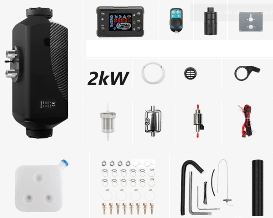 XL-AIRD Nezávislé topení 2kW včetně instalační sady, černý LCD ovladač, 1 výduch, černé