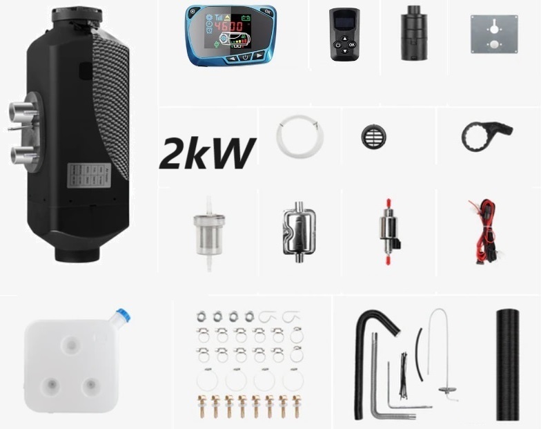 XL-AIRD Nezávislé topení 2kW včetně instalační sady, modrý LCD ovladač, 1 výduch, černé