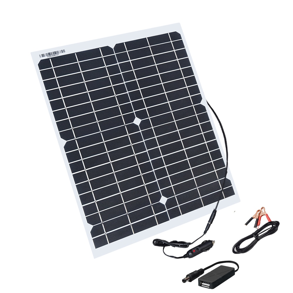 Flexibilní solární panel 20Wp, 18V, kabel na připojení k baterii 12V, konektor pro USB nabíjení, možnost nabíjení přes autozapalovač