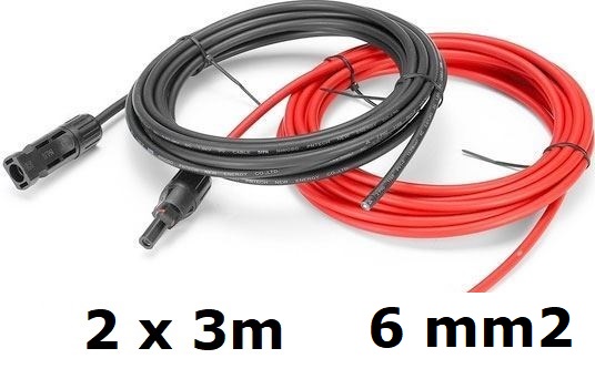 Solární kabel prodlužovací, 6mm2, červený+černý s konektory MC4, 3m