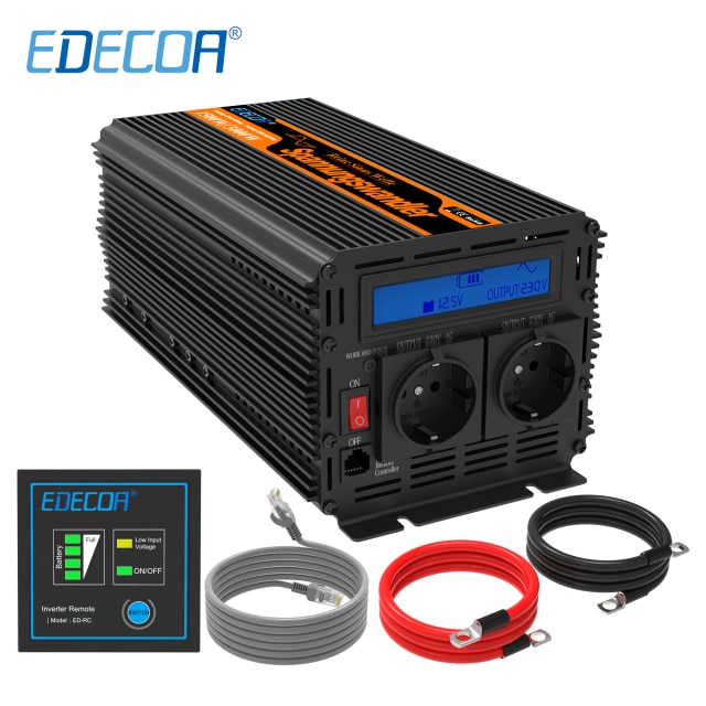 EDECOA Měnič napětí z 12/230V, 1500W, LCD display, vzdálený kontrolní panel, čistý sinus, ed04 