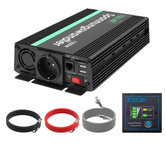 EDECOA Měnič napětí z 12/230V, 1500W, LCD display, Kontrolní panel na měniči, modifikovaný sinus, vzdálený kontrolní panel, ed20