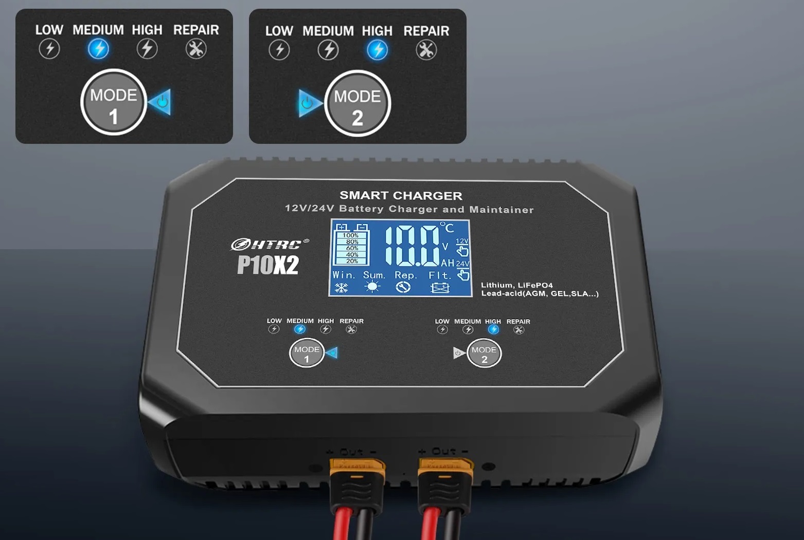 Nabíječka duální s mikroprocesorem 2x10A 12V nebo 24V (2x5A) PB/GEL/AGM/LiFePO4 LCD displej