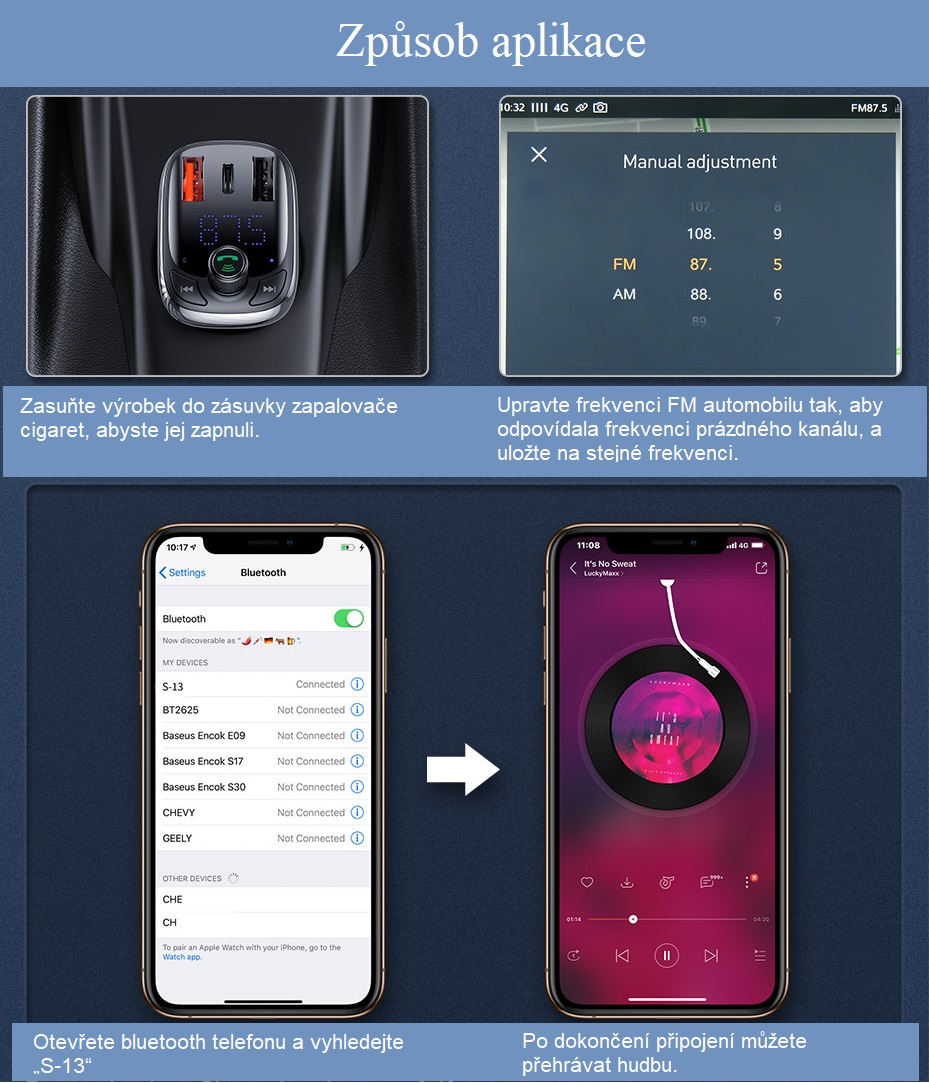 FM transmitter s USB nabíječkou do autozapalovače, Bluetooth 5.0 