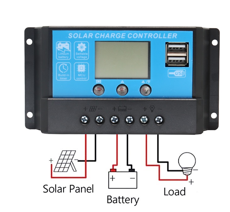 Solární regulátor PWM 30A, LCD display, 2x výstup USB, modrý, pro LiFePO4, lithiové a olověné baterie
