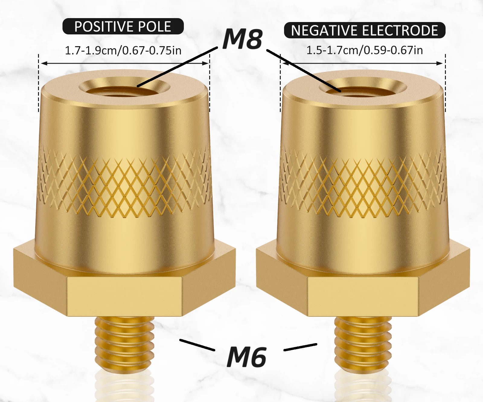Autokonektor pro baterie LiFePO4 se závitem M6 s vnitřním závitem M8, pár - plus a minus
