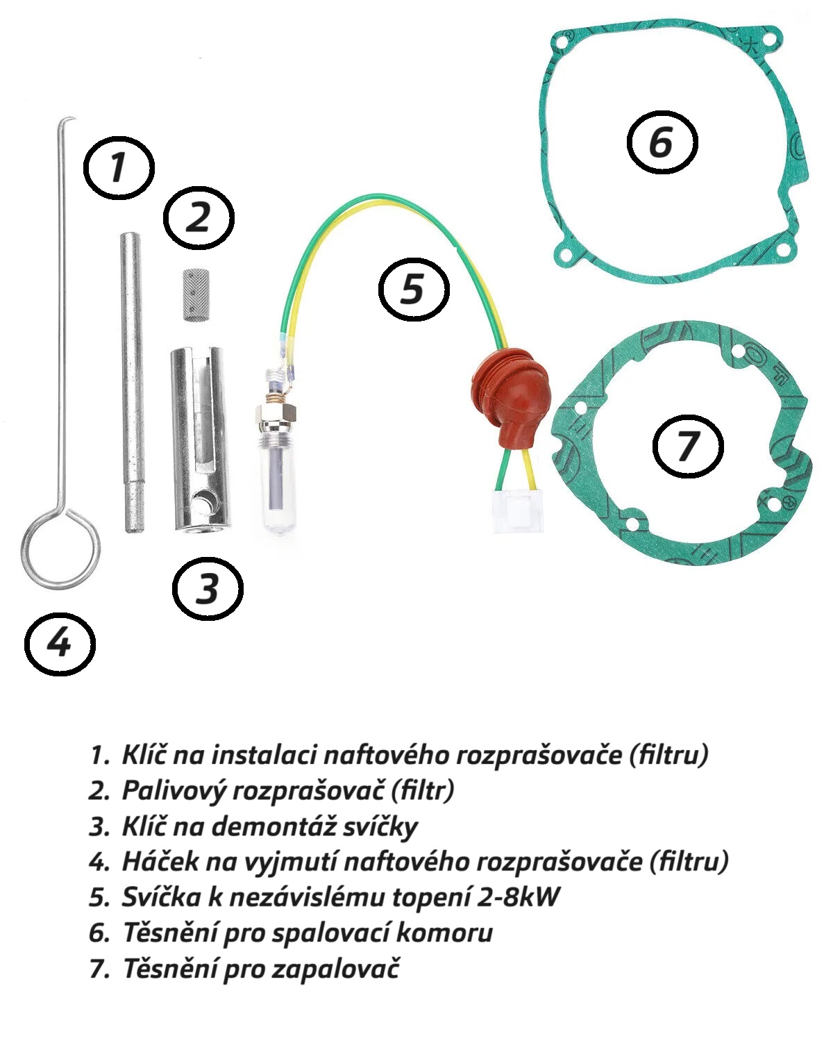 XL-AIRDD Sada na výměnu svíčky a filtru včetně těsnění pro čištění spalovací komory 7 dílů pro topení 2kW 12V