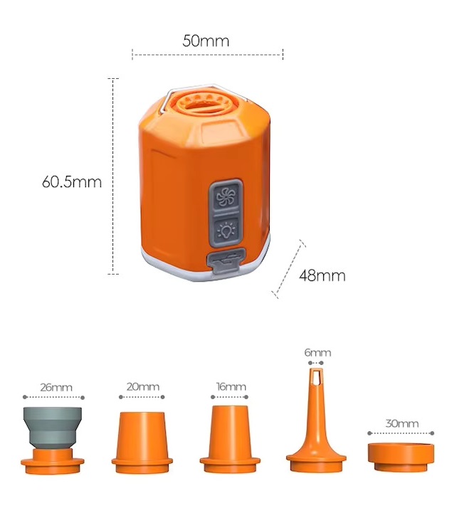 Mini pumpa 220l/min pro nafukování různých předmětů, ruční svítilna s vestavnou baterií 1300 mAh
