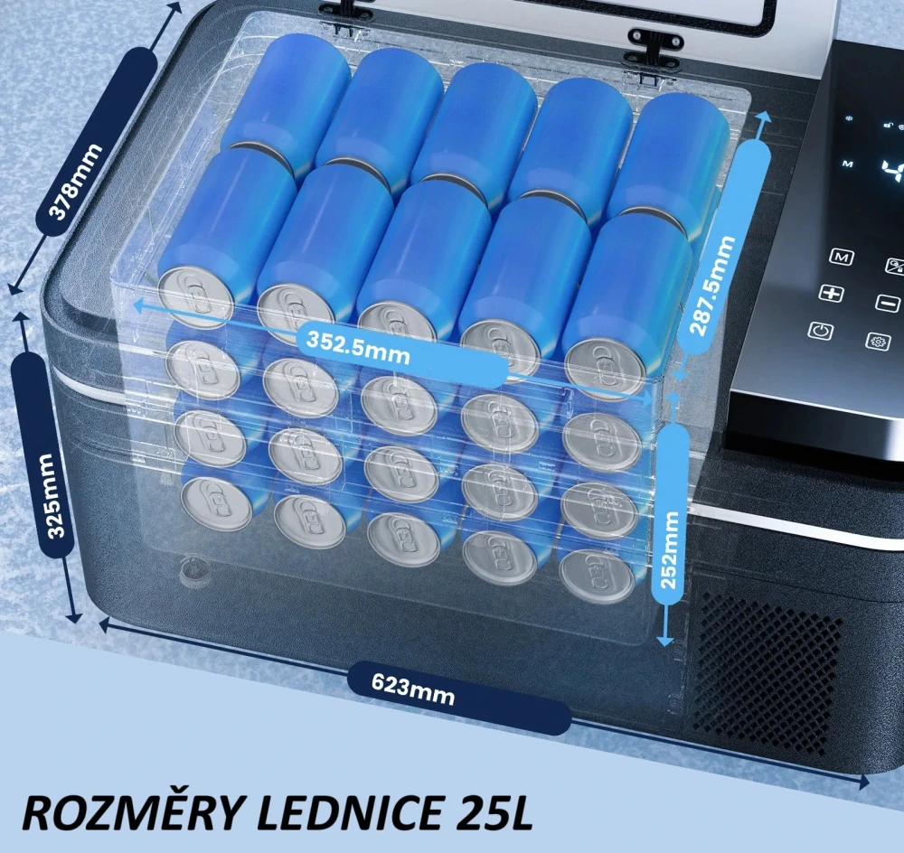 Autochladnička kompresorová, autolednice, objem 25l, napájení 12V, 24V nebo 230V, LCD displej, vnitřní osvětlení