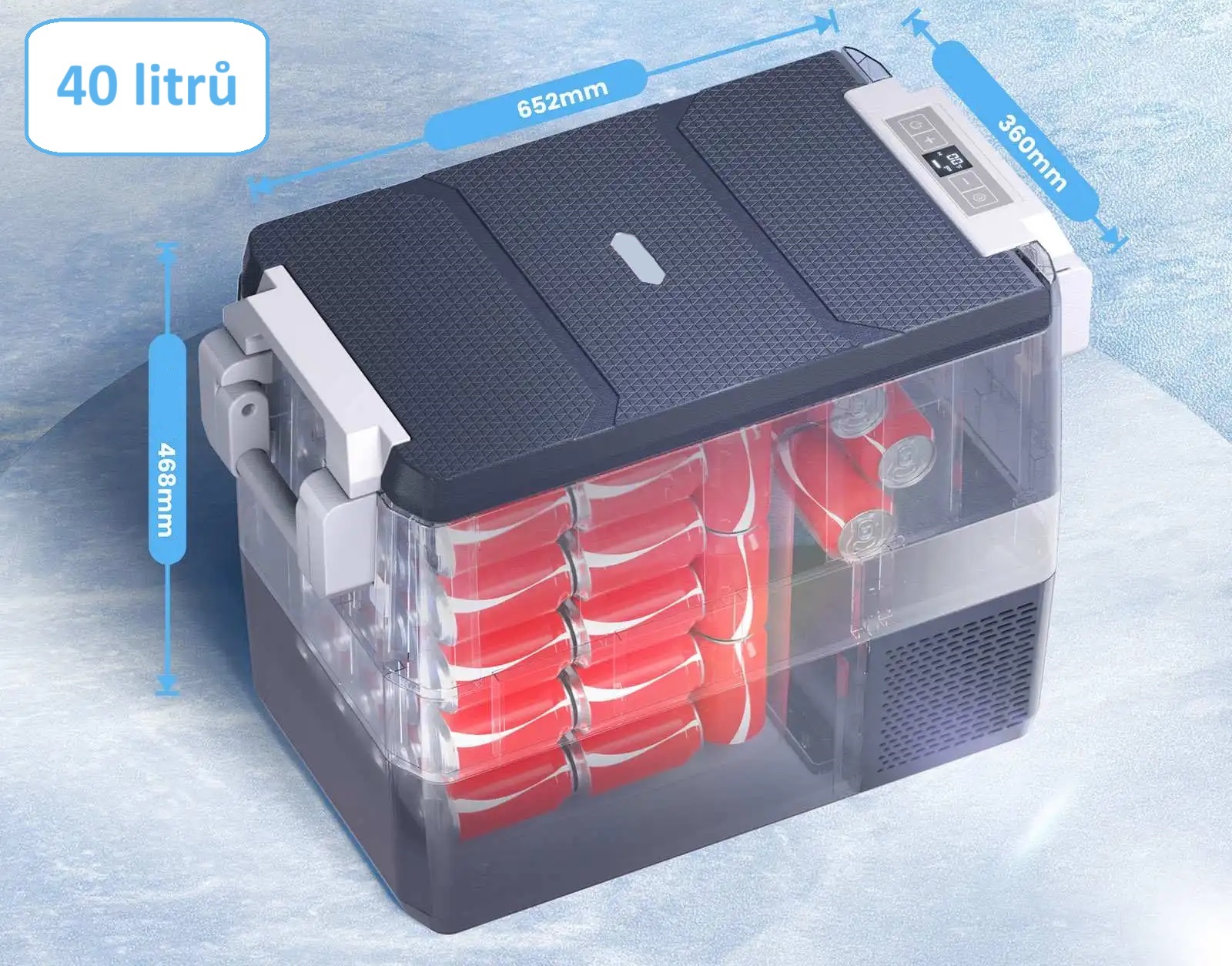 Autochladnička kompresorová, autolednice, objem 40l, napájení 12V, 24V nebo 230V, LCD displej, bluetooth aplikace, vnitřní osvětlení