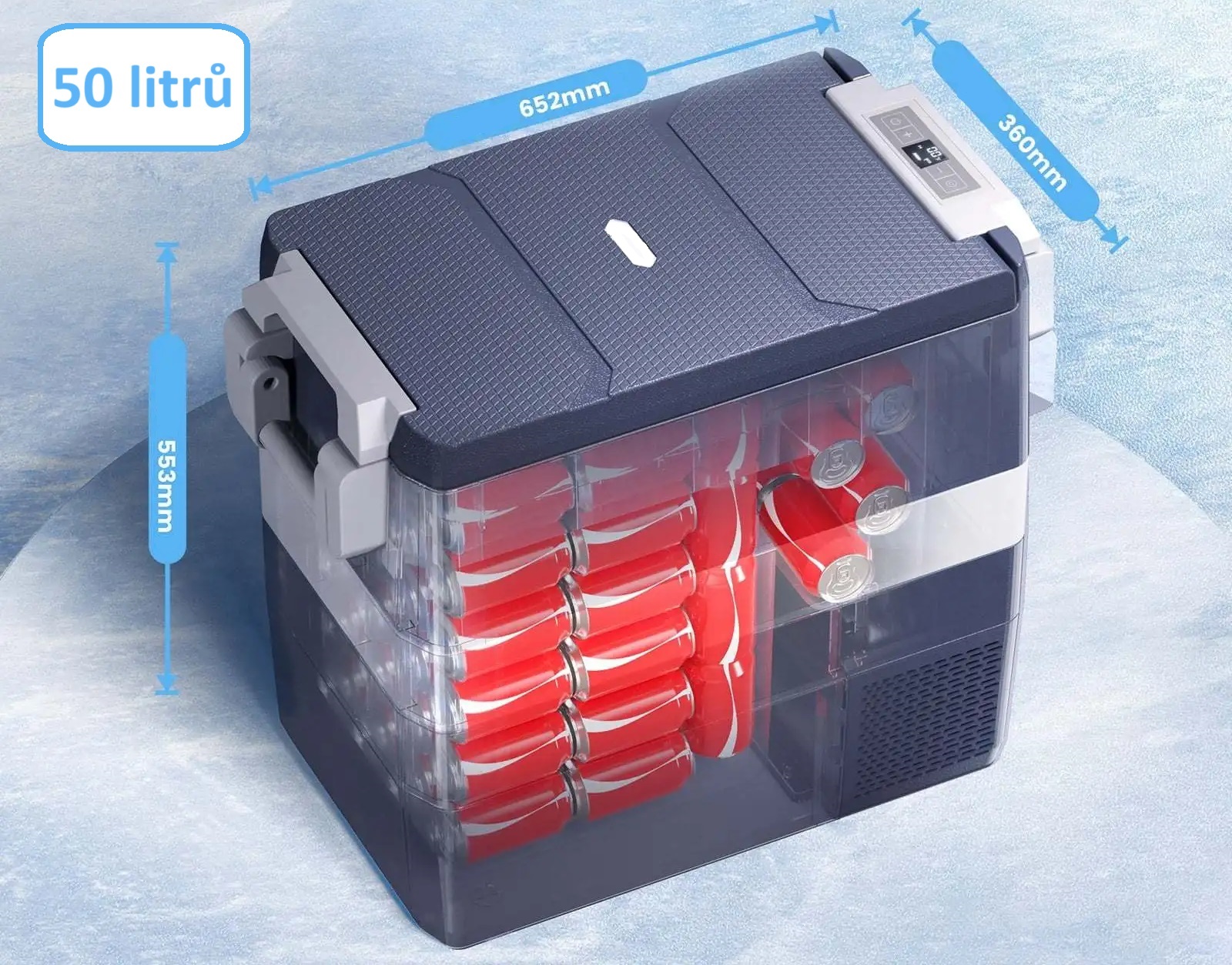 Autochladnička kompresorová, autolednice, objem 50l, napájení 12V, 24V nebo 230V, LCD displej, bluetooth aplikace, vnitřní osvětlení